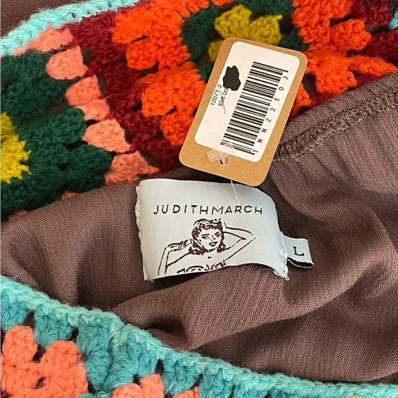 Judith March Crochet Off Shoulder Ruffle Hem Tunic Top Large Brown Granny Square - Picture 6 of 8
